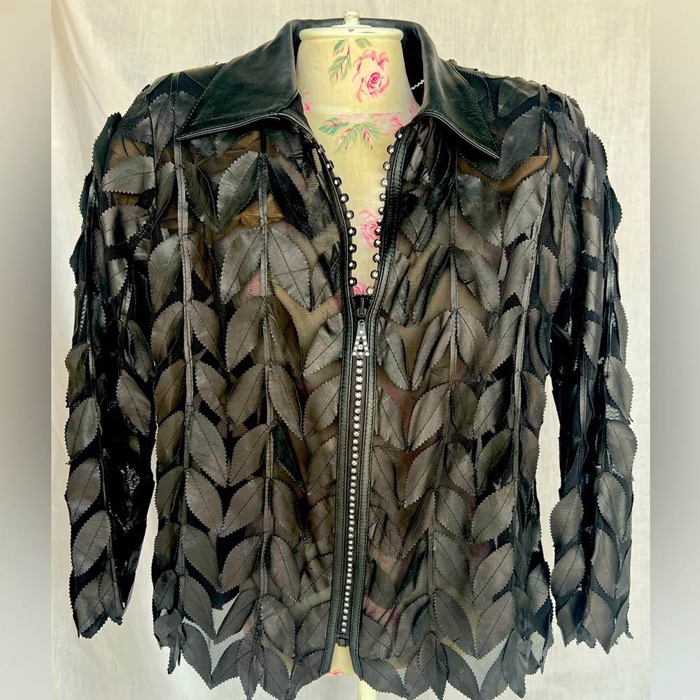 Black Leather & Shear Jacket Top w/rhinestone zipper. XXL GORGEOUS!! Fall Ready!
